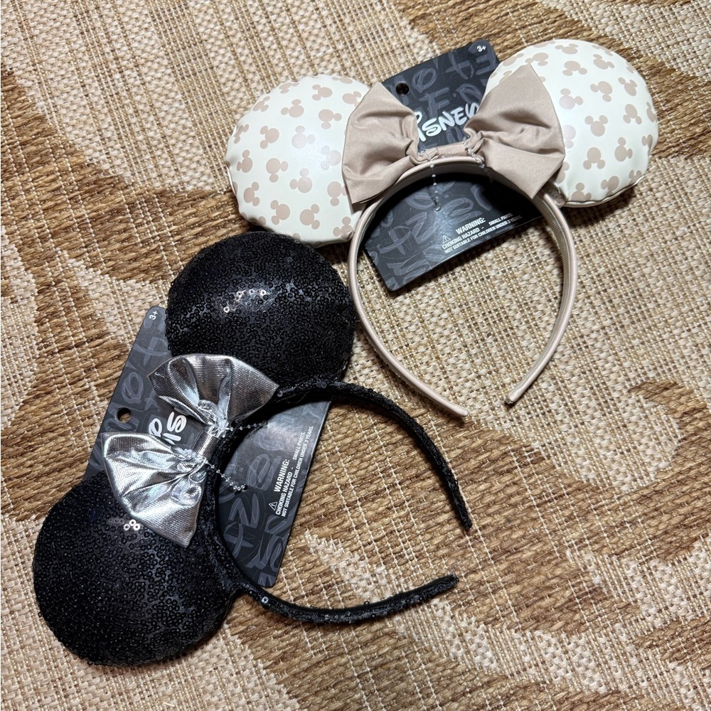 DISNEY MICKEY EARS - 2 pieces! Tan/white and  black/silver Headbands - NEW